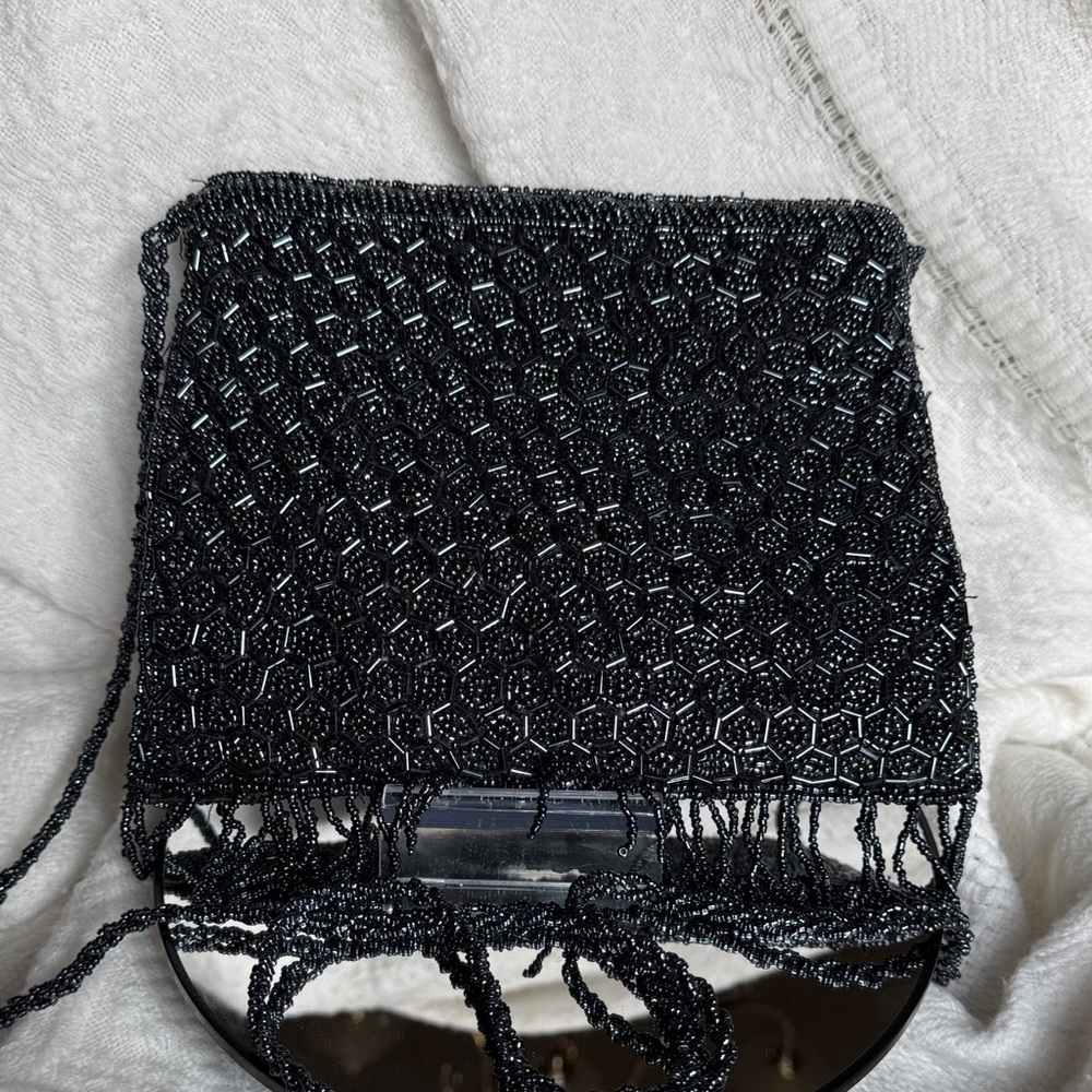 Black Seed Beaded Vintage Evening bag or Crossbody Zipper pull is missing